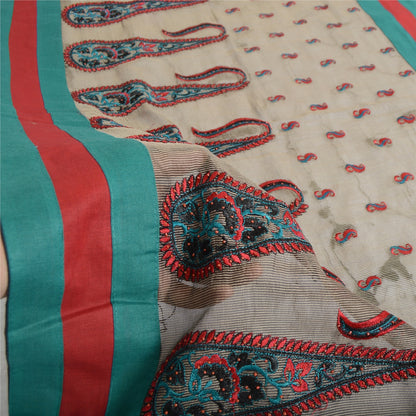 Sanskriti Vintage Dupatta Long Blend Silk Ivory Embroidered Wrap Indian Heritage Craft Supplies Used Neck/Head scarf