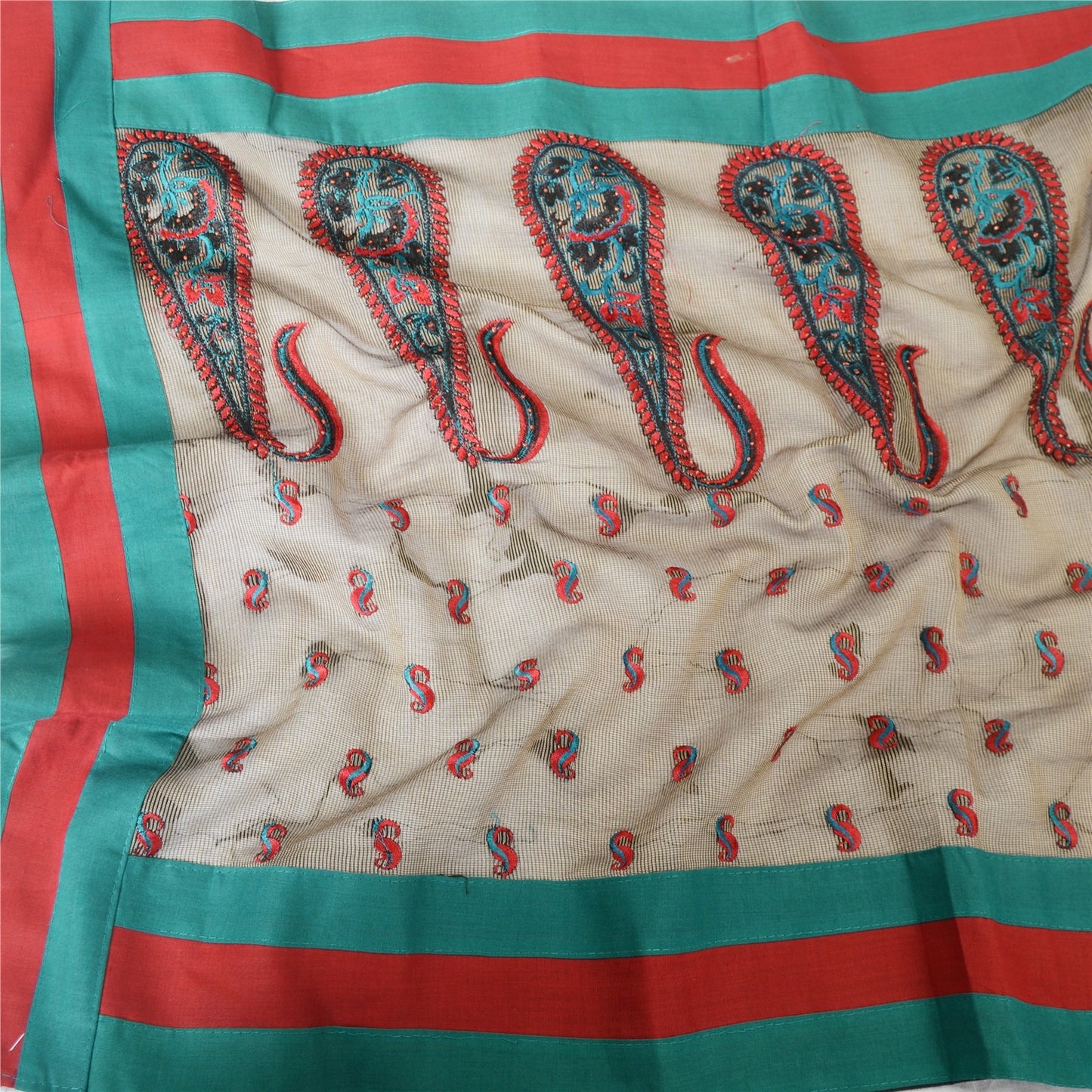 Sanskriti Vintage Dupatta Long Blend Silk Ivory Embroidered Wrap Indian Heritage Craft Supplies Used Neck/Head scarf
