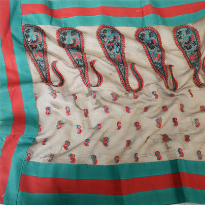 Sanskriti Vintage Dupatta Long Blend Silk Ivory Embroidered Wrap Indian Heritage Craft Supplies Used Neck/Head scarf