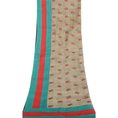 Sanskriti Vintage Dupatta Long Blend Silk Ivory Embroidered Wrap Indian Heritage Craft Supplies Used Neck/Head scarf