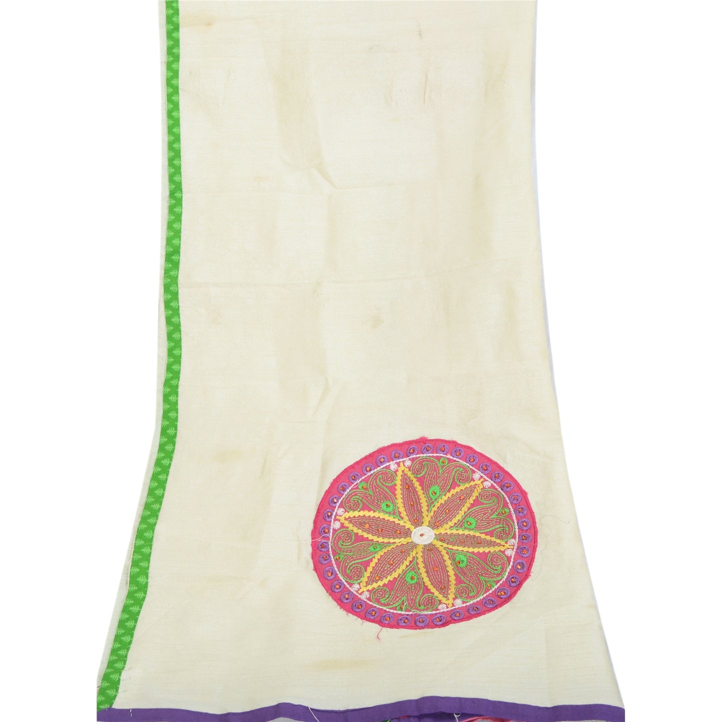 Sanskriti Vintage Dupatta Long Stole Art Silk Cream Shawl Hand Beaded Wrap Veil