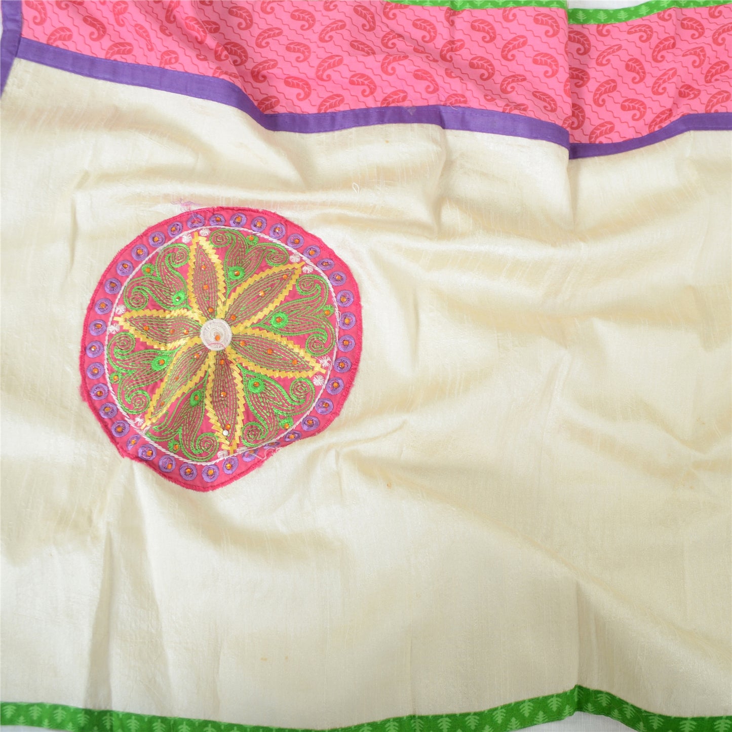 Sanskriti Vintage Dupatta Long Stole Art Silk Cream Shawl Hand Beaded Wrap Veil