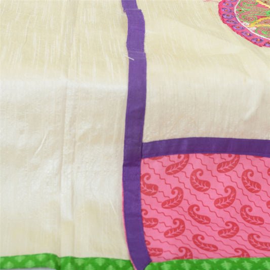 Sanskriti Vintage Dupatta Long Stole Art Silk Cream Shawl Hand Beaded Wrap Veil