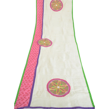 Sanskriti Vintage Dupatta Long Stole Art Silk Cream Shawl Hand Beaded Wrap Veil