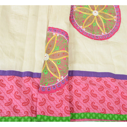 Sanskriti Vintage Dupatta Long Stole Art Silk Cream Shawl Hand Beaded Wrap Veil