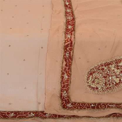 Sanskriti Vintage Dupatta Long Stole Net Mesh Brown Veil Hand Beaded Zardozi Scarves