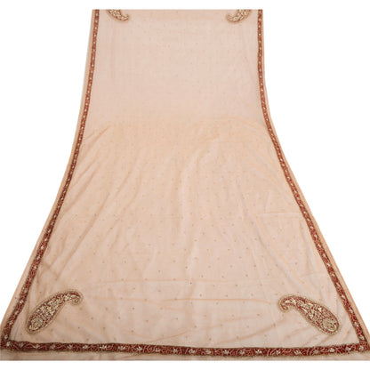 Sanskriti Vintage Dupatta Long Stole Net Mesh Brown Veil Hand Beaded Zardozi Scarves