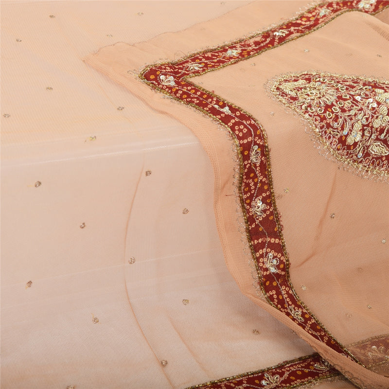 Sanskriti Vintage Dupatta Long Stole Net Brown Veil Hand Embroidered Zardozi