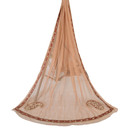 Sanskriti Vintage Dupatta Long Stole Net Mesh Brown Veil Hand Beaded Zardozi Scarves