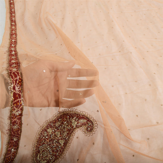 Sanskriti Vintage Dupatta Long Stole Net Mesh Brown Veil Hand Beaded Zardozi Scarves
