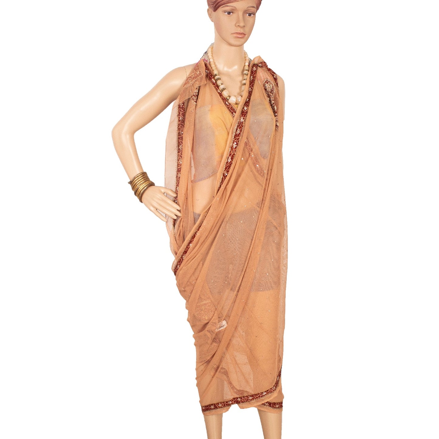 Sanskriti Vintage Dupatta Long Stole Net Mesh Brown Veil Hand Beaded Zardozi Scarves