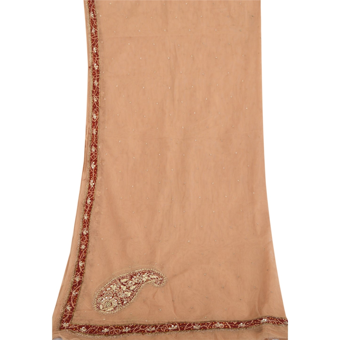 Sanskriti Vintage Dupatta Long Stole Net Mesh Brown Veil Hand Beaded Zardozi Scarves