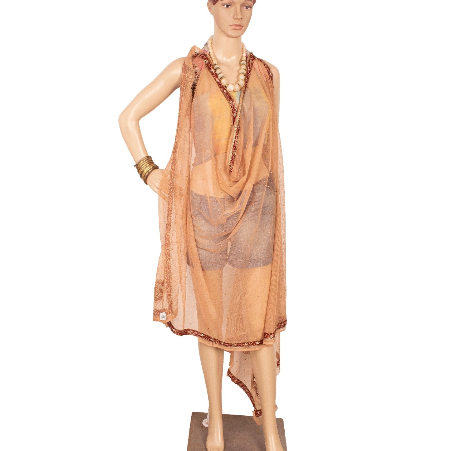 Sanskriti Vintage Dupatta Long Stole Net Mesh Brown Veil Hand Beaded Zardozi Scarves