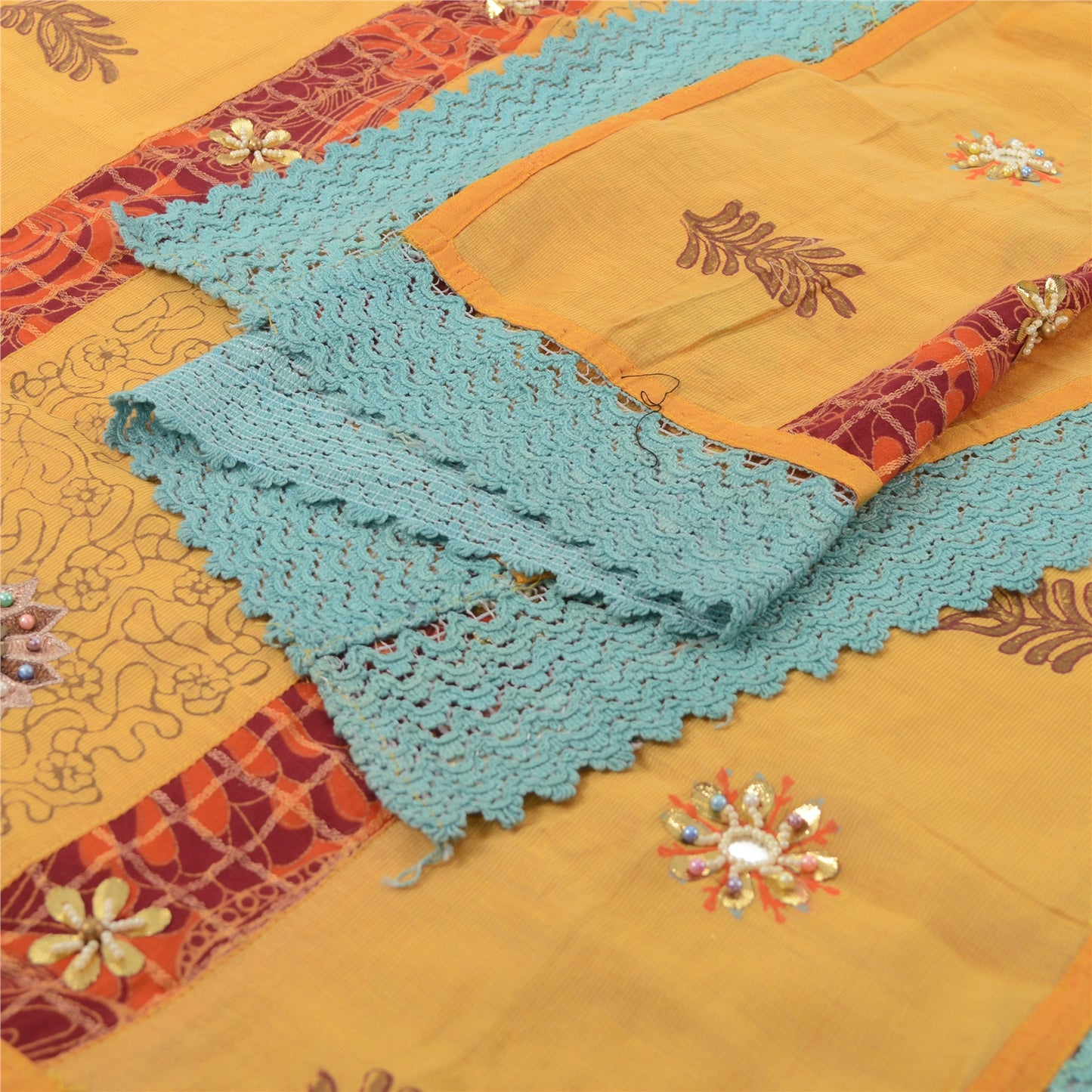 Sanskriti Vintage Yellow Dupatta Long Stole Pure Silk Hand Beaded Wrap Scarves