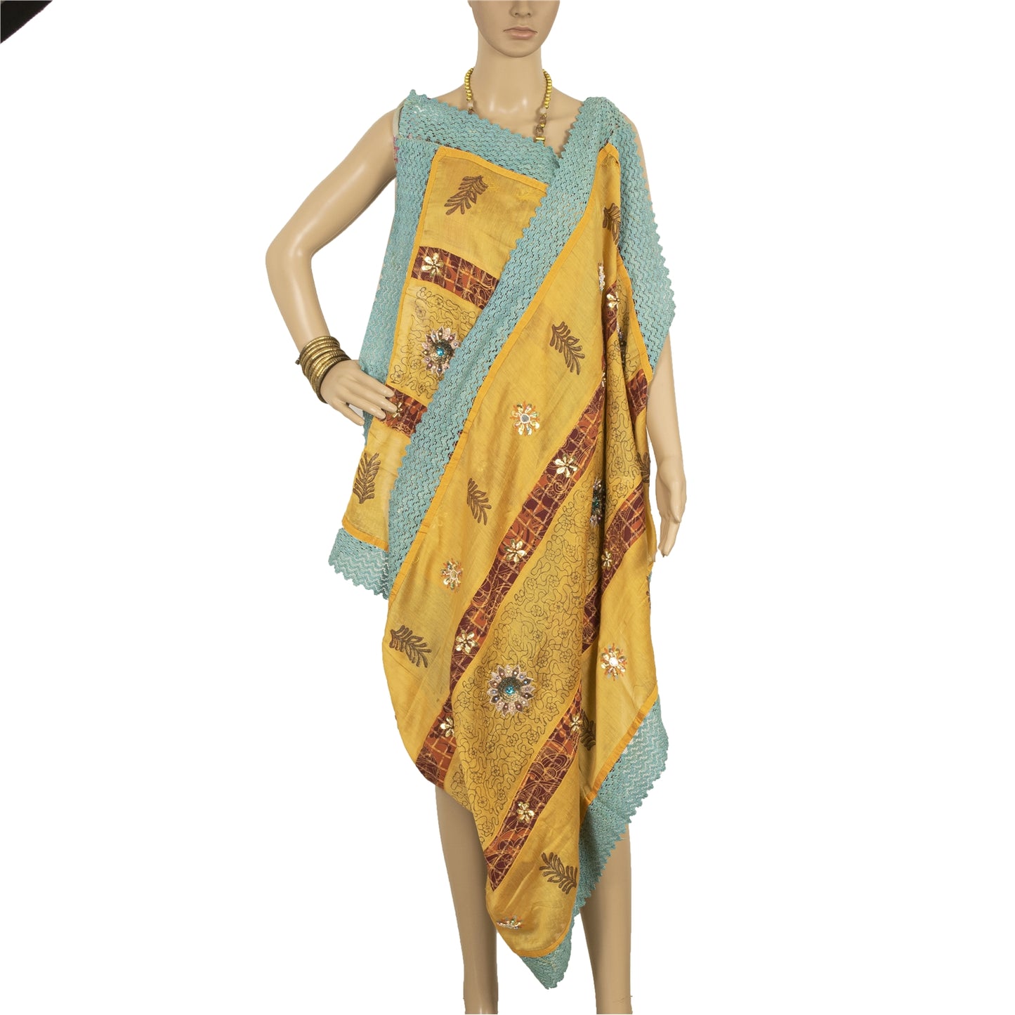 Sanskriti Vintage Yellow Dupatta Long Stole Pure Silk Hand Beaded Wrap Scarves