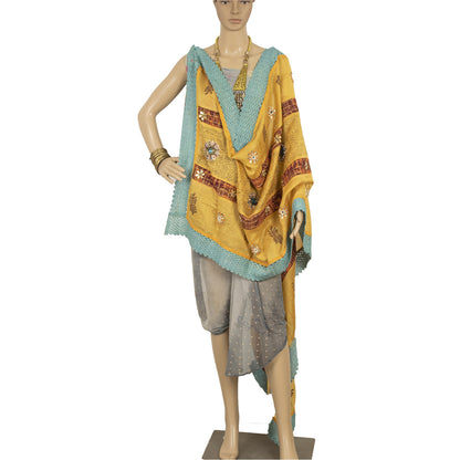 Sanskriti Vintage Yellow Dupatta Long Stole Pure Silk Hand Beaded Wrap Scarves