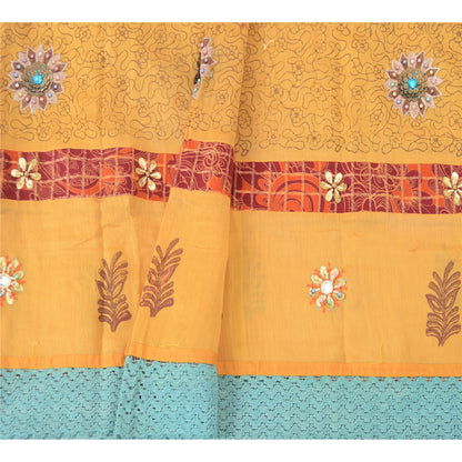 Sanskriti Vintage Yellow Dupatta Long Stole Pure Silk Hand Beaded Wrap Scarves