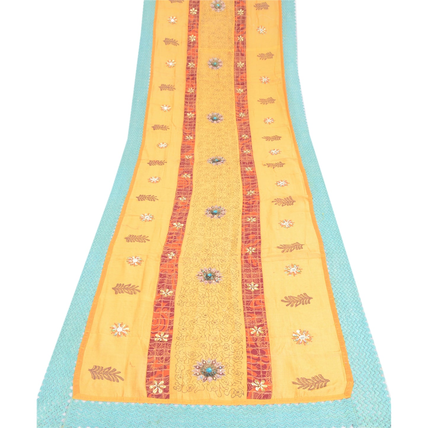 Sanskriti Vintage Yellow Dupatta Long Stole Pure Silk Hand Beaded Wrap Scarves
