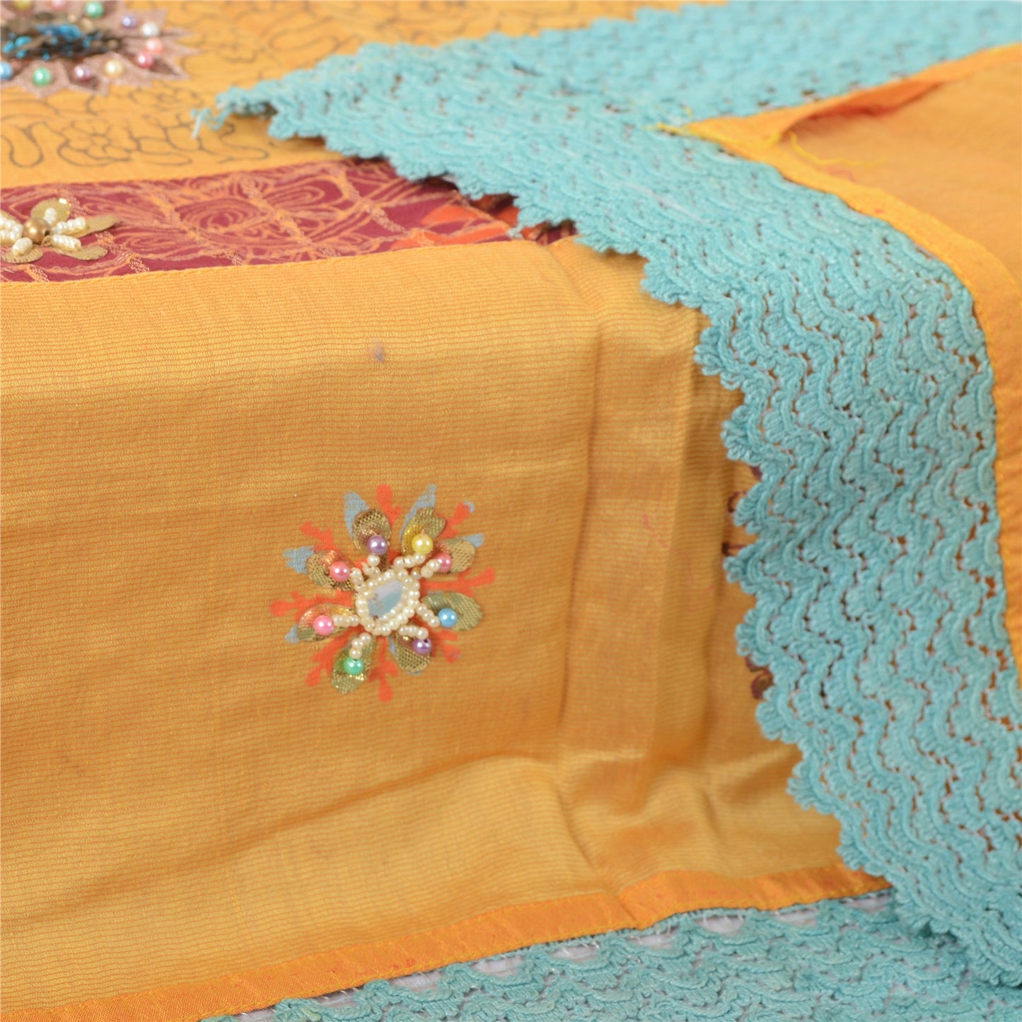 Sanskriti Vintage Yellow Dupatta Long Stole Pure Silk Hand Beaded Wrap Scarves