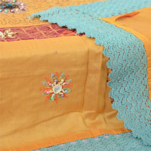 Sanskriti Vintage Yellow Dupatta Long Stole Pure Silk Hand Beaded Wrap Scarves