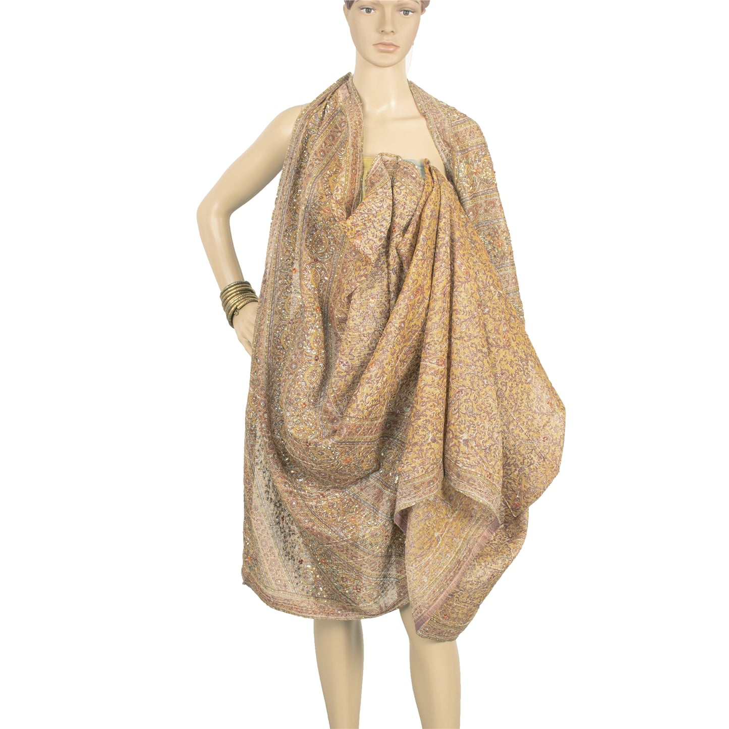 Sanskriti Vintage Brown Dupatta Long Stole Art Silk Hand Beaded Woven Printed