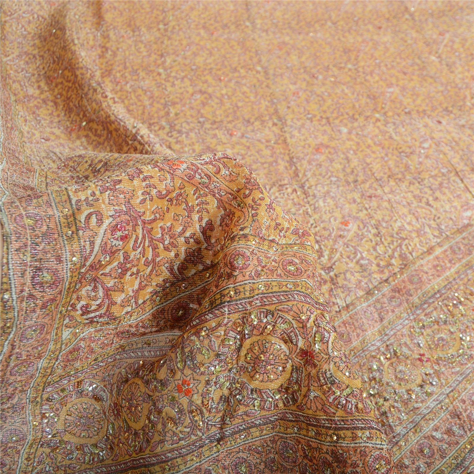 Sanskriti Vintage Brown Dupatta Long Scarf Georgette Hand Beaded & Woven Hijab  Add-Elegance to Table Linen, Curtains, or Cushions