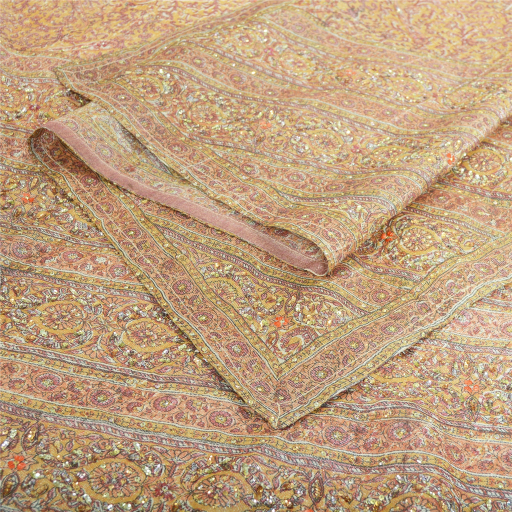 Sanskriti Vintage Brown Dupatta Long Scarf Georgette Hand Beaded & Woven Hijab  Add-Elegance to Table Linen, Curtains, or Cushions