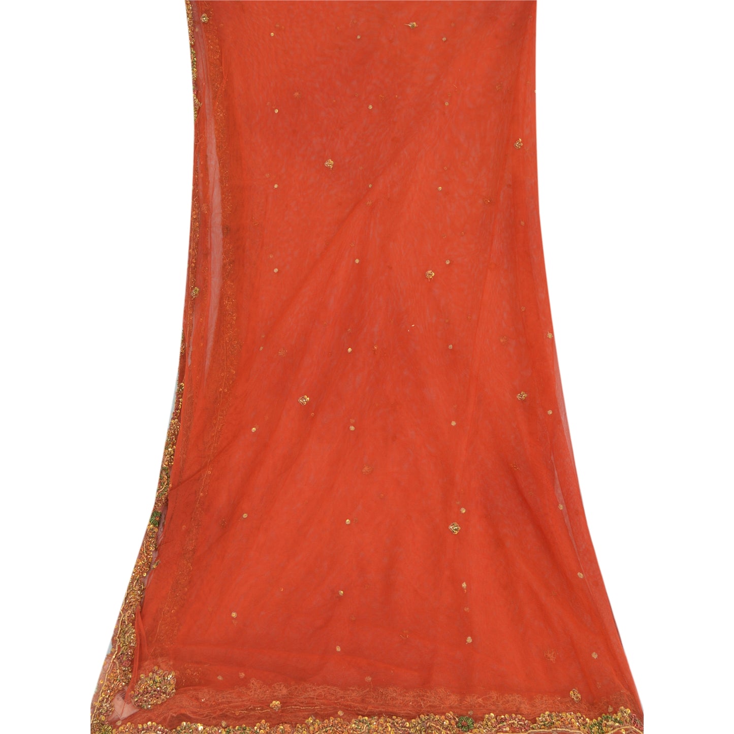 Sanskriti Vintage Dupatta Long Stole Net Mesh Red Veil Hand Beaded Zardozi