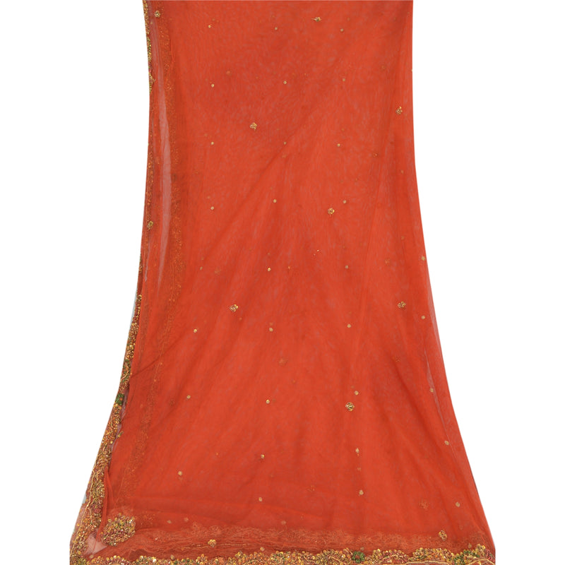 Sanskriti Vintage Dupatta Long Stole Net Mesh Red Veil Hand Beaded Zardozi