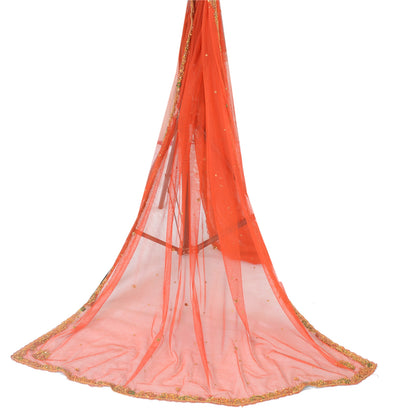 Sanskriti Vintage Dupatta Long Stole Net Mesh Red Veil Hand Beaded Zardozi