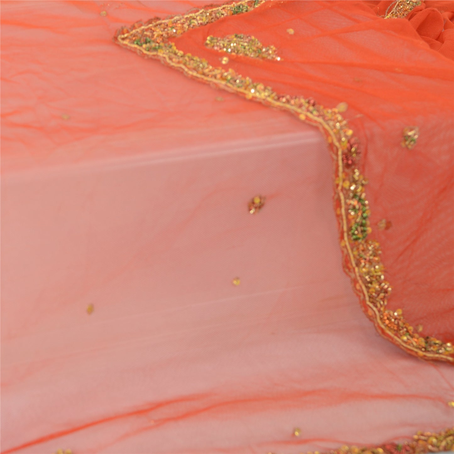 Sanskriti Vintage Dupatta Long Stole Net Mesh Red Veil Hand Beaded Zardozi