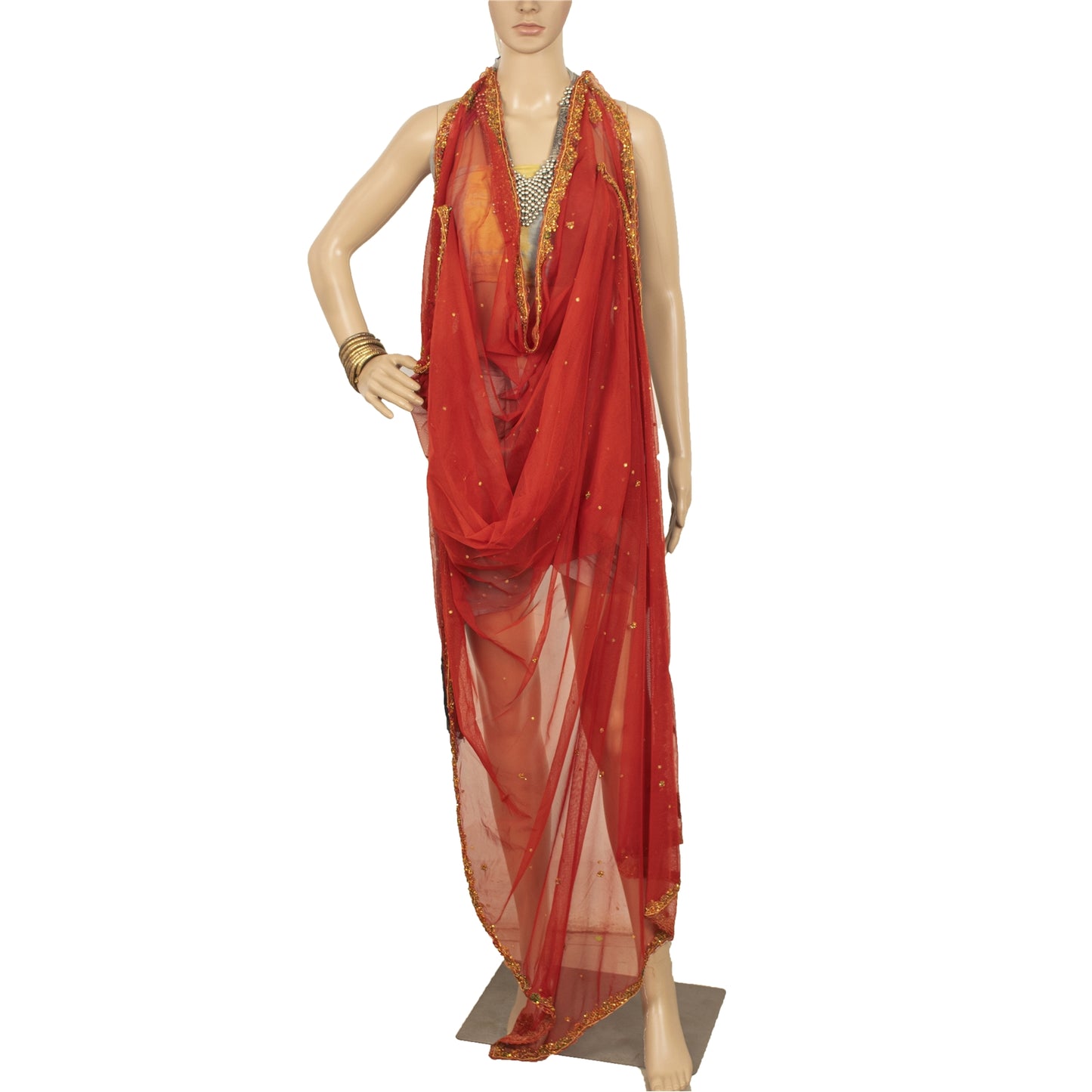 Sanskriti Vintage Dupatta Long Stole Net Mesh Red Veil Hand Beaded Zardozi
