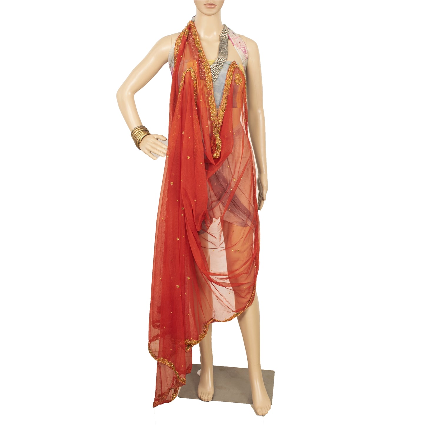 Sanskriti Vintage Dupatta Long Stole Net Mesh Red Veil Hand Beaded Zardozi