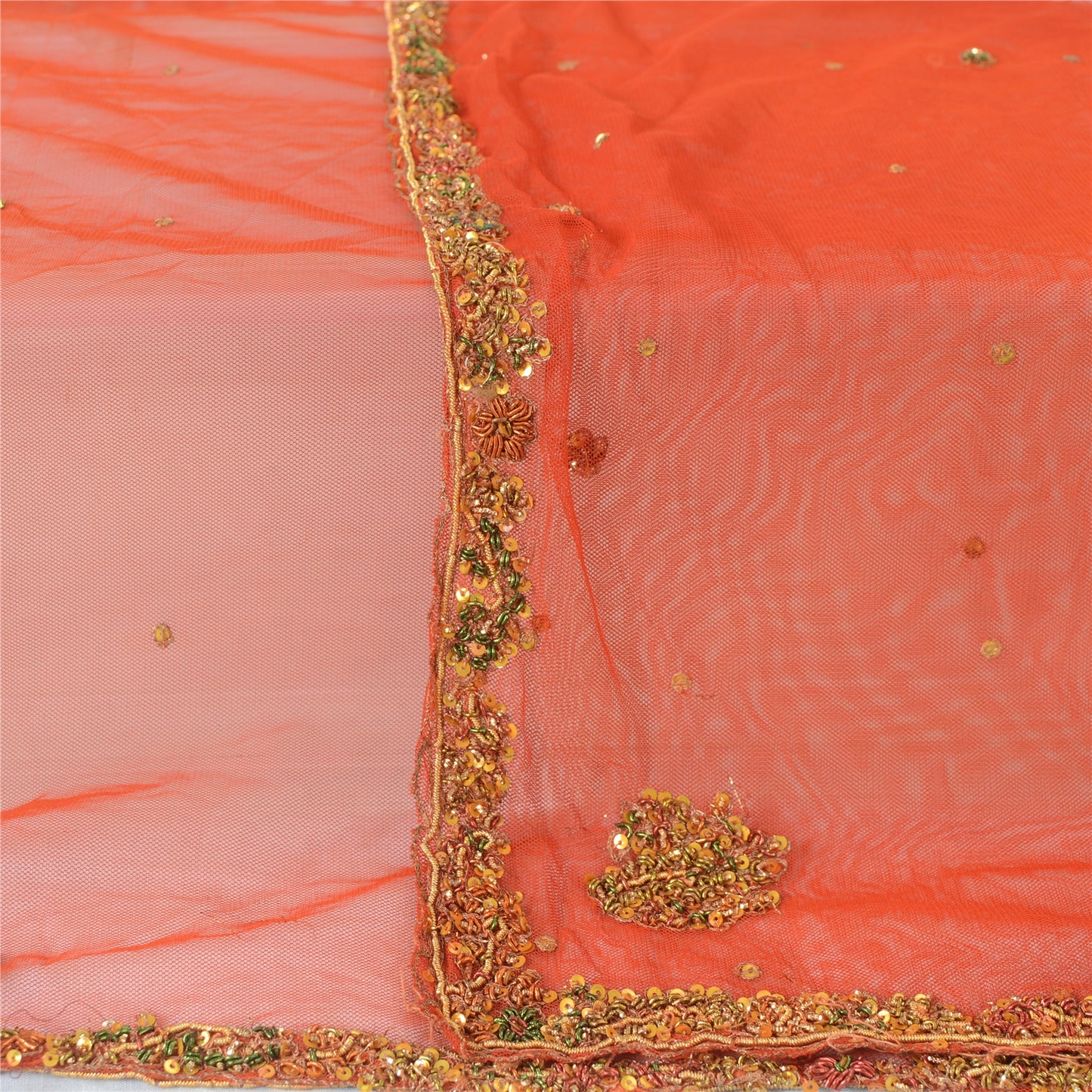 Sanskriti Vintage Dupatta Long Stole Net Mesh Red Veil Hand Beaded Zardozi