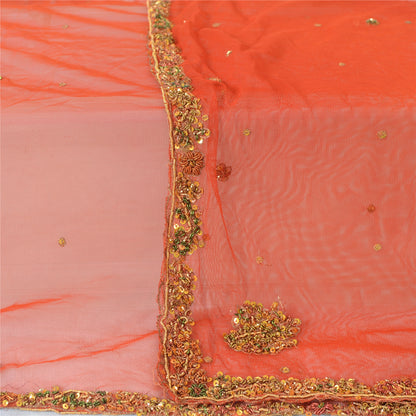 Sanskriti Vintage Dupatta Long Stole Net Mesh Red Veil Hand Beaded Zardozi