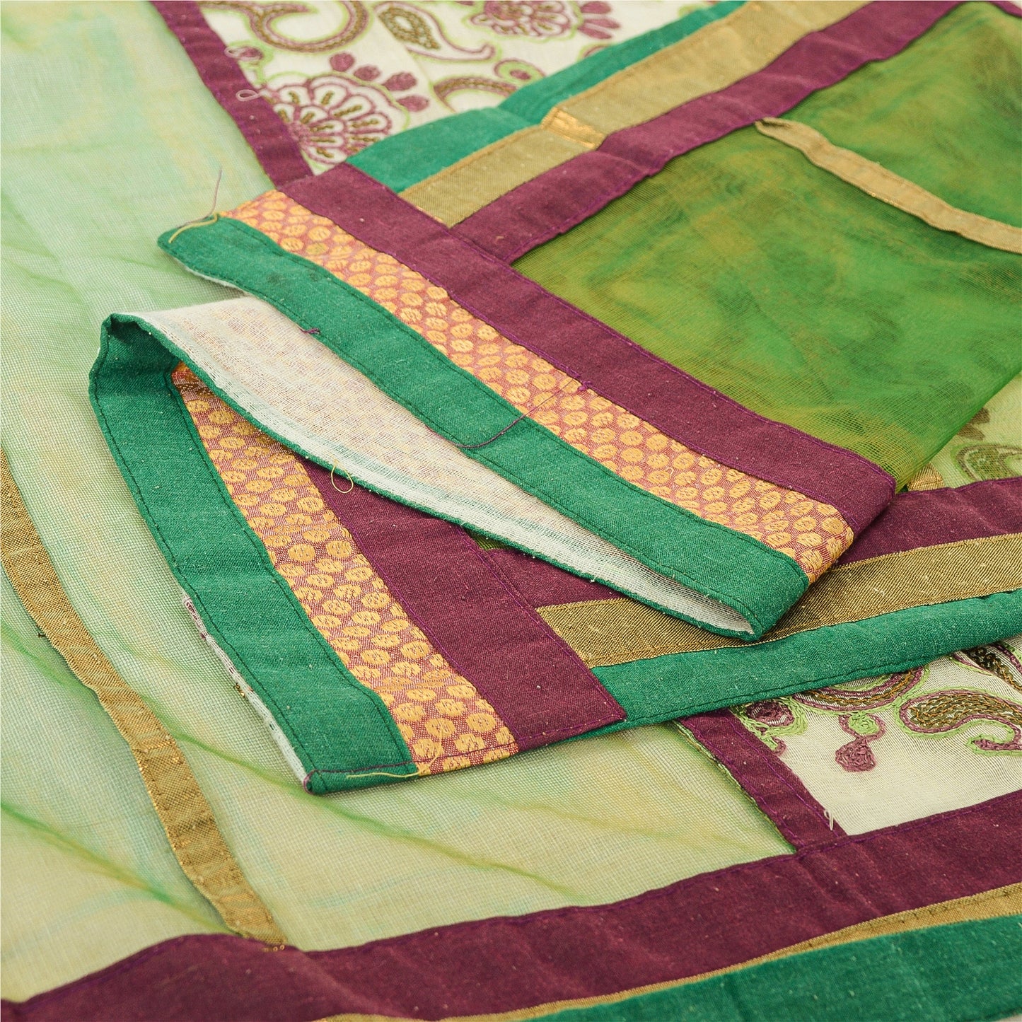 Sanskriti Vintage Ivory/Green Dupatta Long Stole Art Silk Hand Beaded Wrap Veil