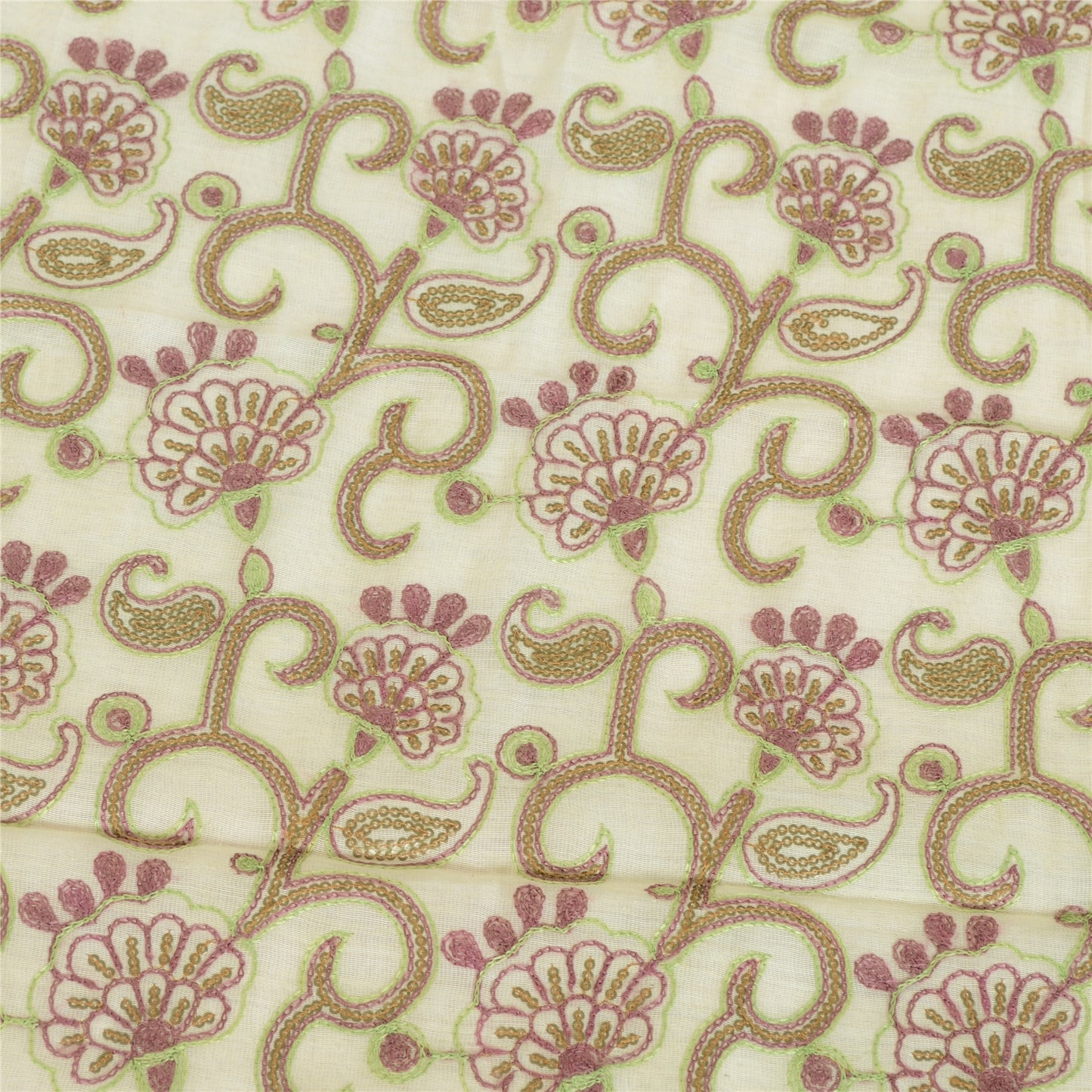 Sanskriti Vintage Ivory/Green Dupatta Long Stole Art Silk Hand Beaded Wrap Veil