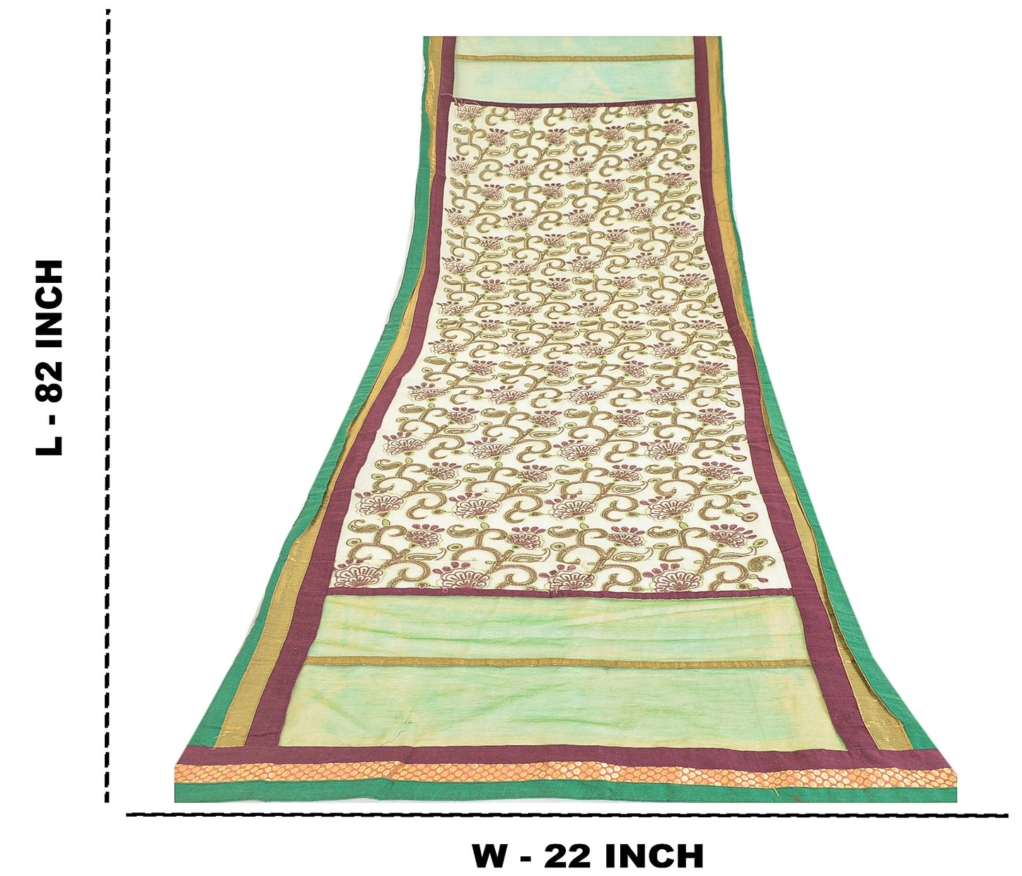 Sanskriti Vintage Ivory/Green Dupatta Long Stole Art Silk Hand Beaded Wrap Veil