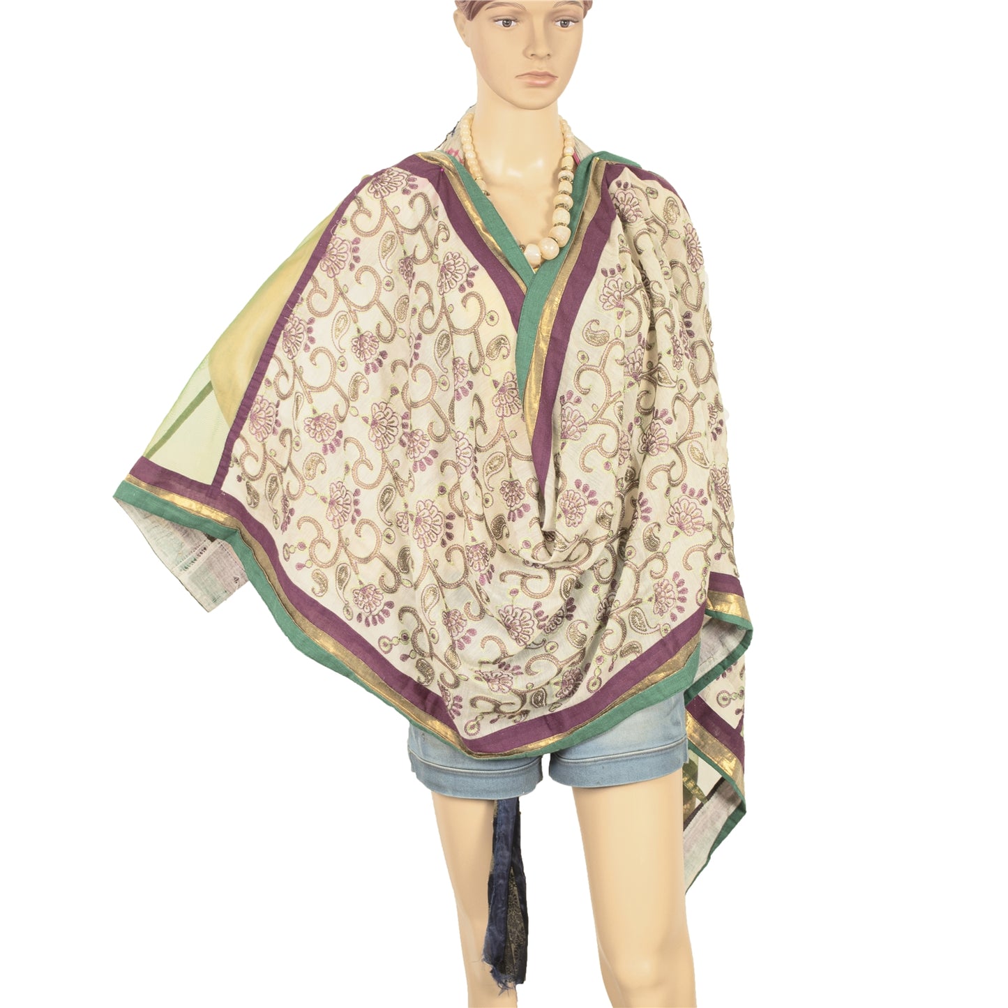 Sanskriti Vintage Ivory/Green Dupatta Long Stole Art Silk Hand Beaded Wrap Veil