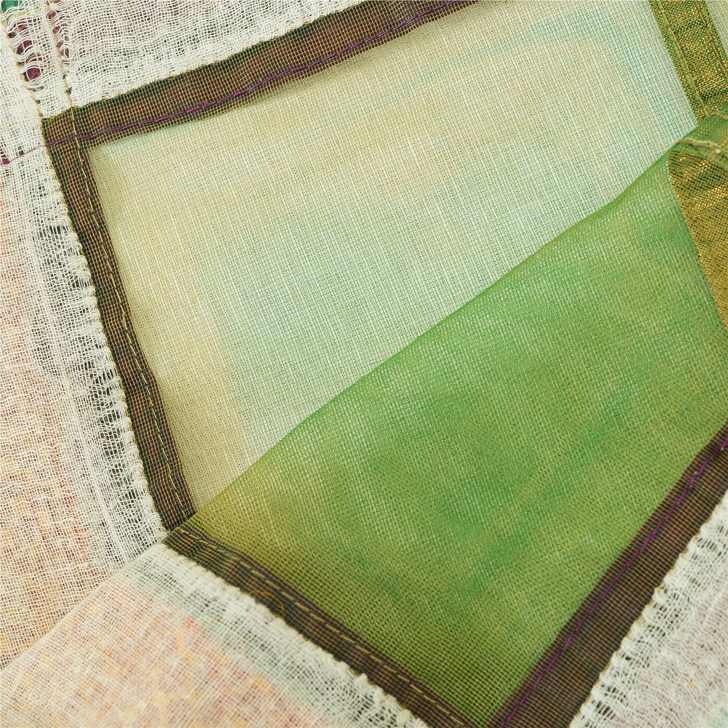 Sanskriti Vintage Ivory/Green Dupatta Long Stole Art Silk Hand Beaded Wrap Veil