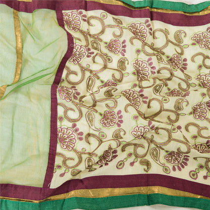 Sanskriti Vintage Ivory/Green Dupatta Long Stole Art Silk Hand Beaded Wrap Veil