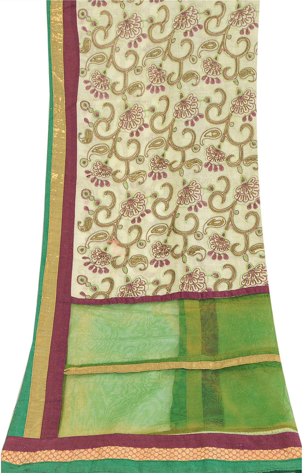 Sanskriti Vintage Ivory/Green Dupatta Long Stole Art Silk Hand Beaded Wrap Veil