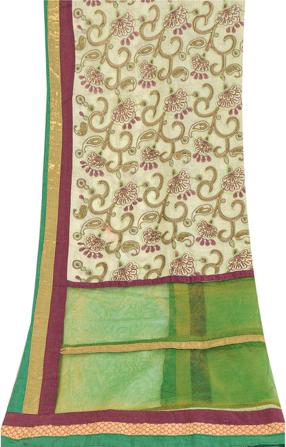 Sanskriti Vintage Ivory/Green Dupatta Long Stole Art Silk Hand Beaded Wrap Veil
