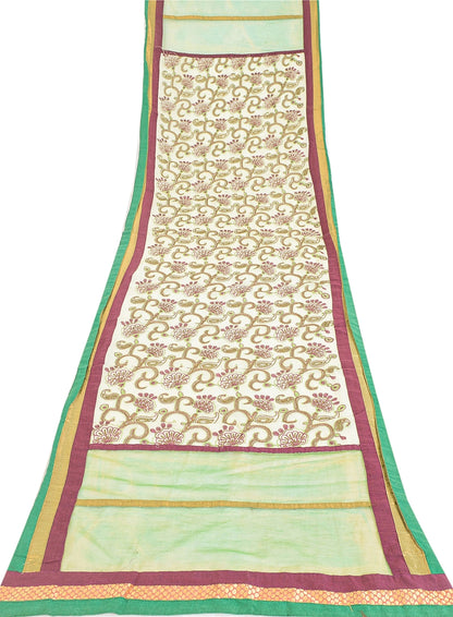 Sanskriti Vintage Ivory/Green Dupatta Long Stole Art Silk Hand Beaded Wrap Veil