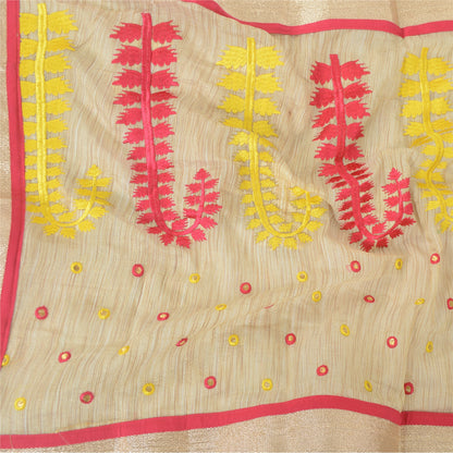 Sanskriti Vintage Cream Dupatta Long Stole Art Silk Embroidered Wrap Veil/Hijab