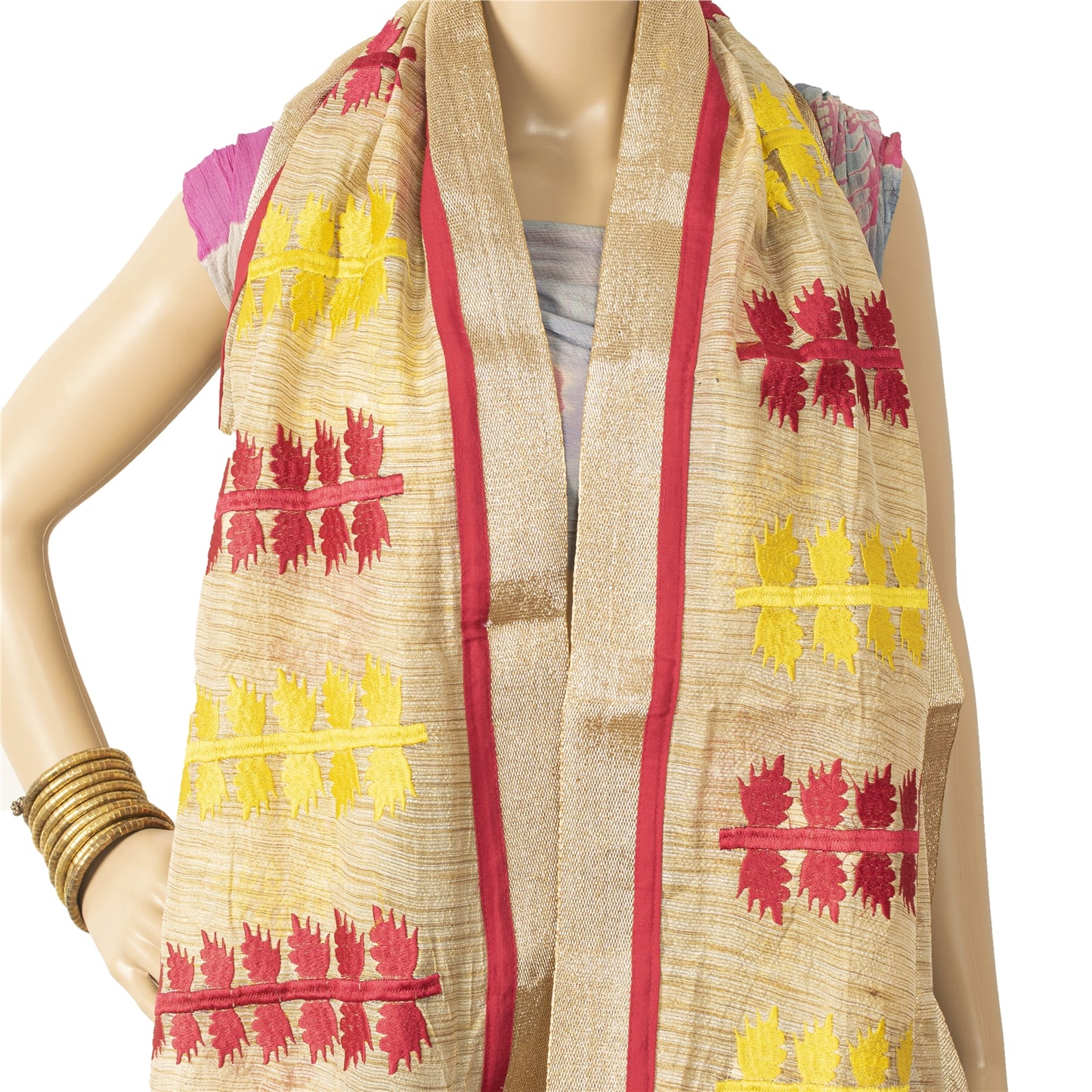 Sanskriti Vintage Cream Dupatta Long Stole Art Silk Embroidered Wrap Veil/Hijab