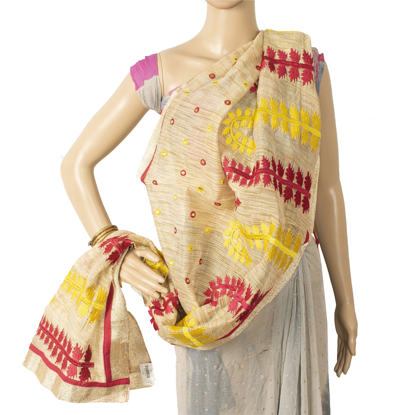 Sanskriti Vintage Cream Dupatta Long Stole Art Silk Embroidered Wrap Veil/Hijab