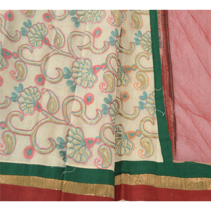 Sanskriti Vintage Cream/Dark Red Dupatta Long Stole Art Silk Embroidered Scarves