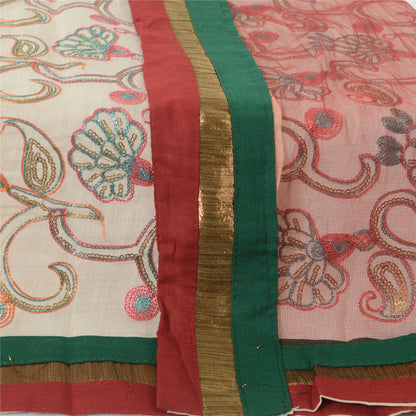 Sanskriti Vintage Cream/Dark Red Dupatta Long Stole Art Silk Embroidered Scarves
