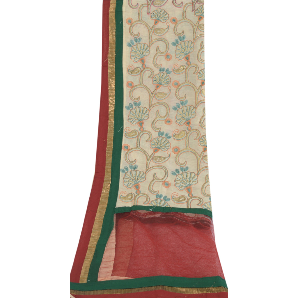 Sanskriti Vintage Cream/Dark Red Dupatta Long Stole Art Silk Embroidered Scarves